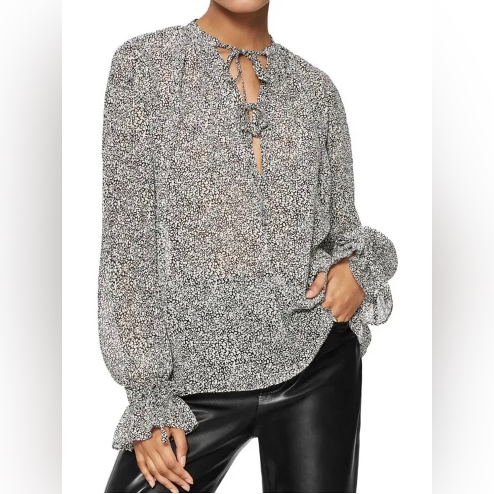 Anine BING Abigail Tie Neck Silk Blouse in Black and White Size Small